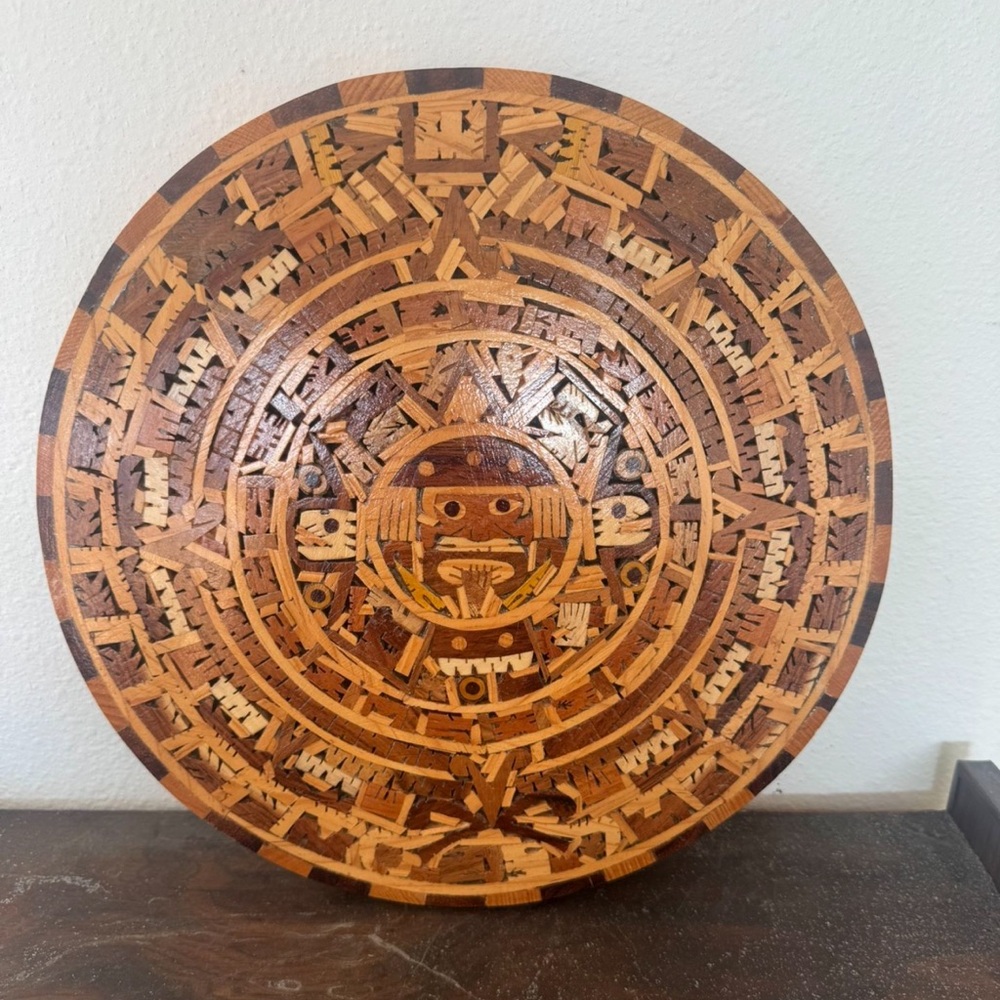 Intricate Wooden Aztec Calendar Wall Art